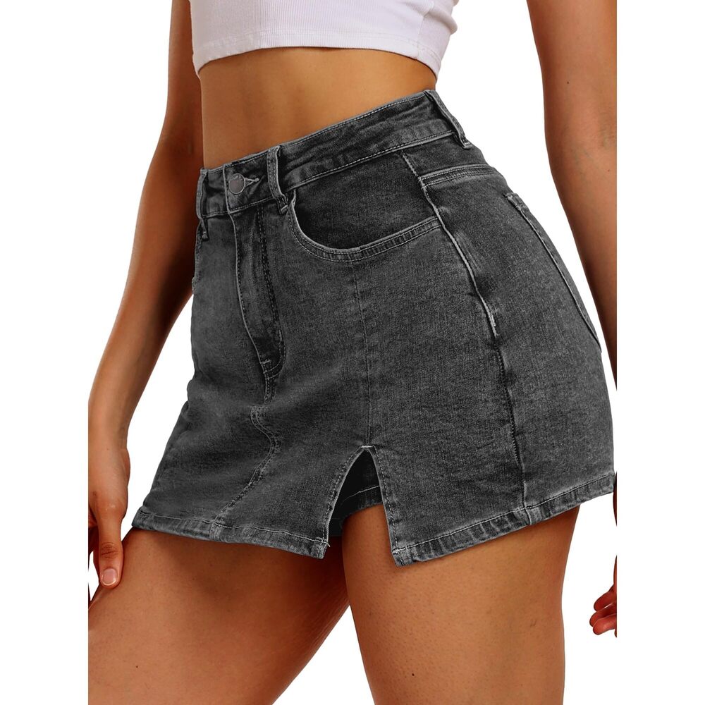 3029 Skorts Skirts Denim Mini Skirt Side Slit with High Waisted Jean Shorts - Picture 2 of 5